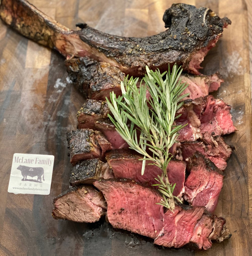 Sliced and cooked McLane Family Farms tomahawk steak